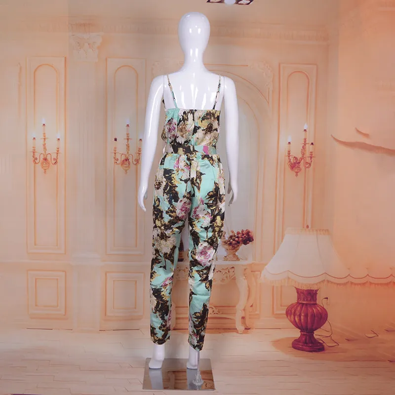 Spaghetti Strap Floral Print Jumpsuit Beachwear with Sashes