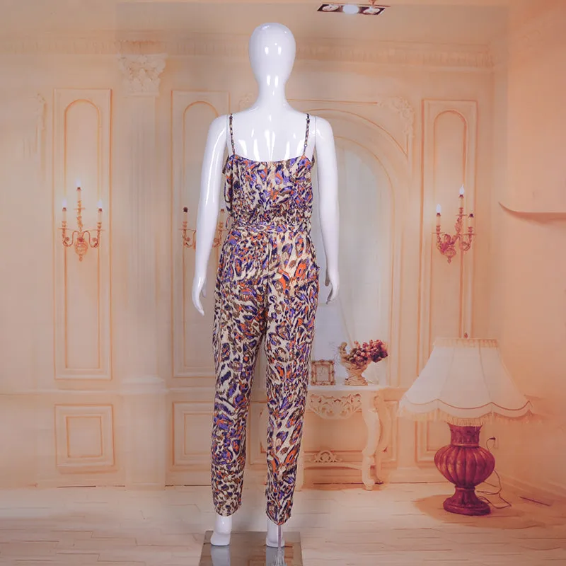 Spaghetti Strap Floral Print Jumpsuit Beachwear with Sashes