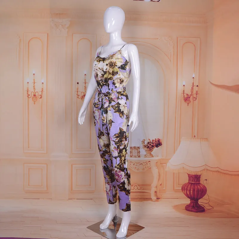 Spaghetti Strap Floral Print Jumpsuit Beachwear with Sashes