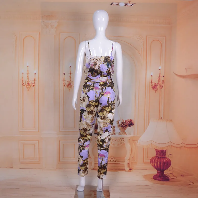 Spaghetti Strap Floral Print Jumpsuit Beachwear with Sashes