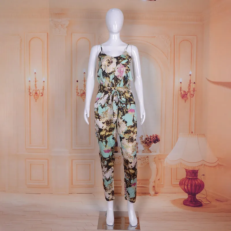 Spaghetti Strap Floral Print Jumpsuit Beachwear with Sashes
