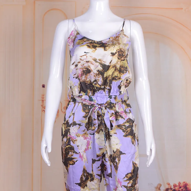 Spaghetti Strap Floral Print Jumpsuit Beachwear with Sashes