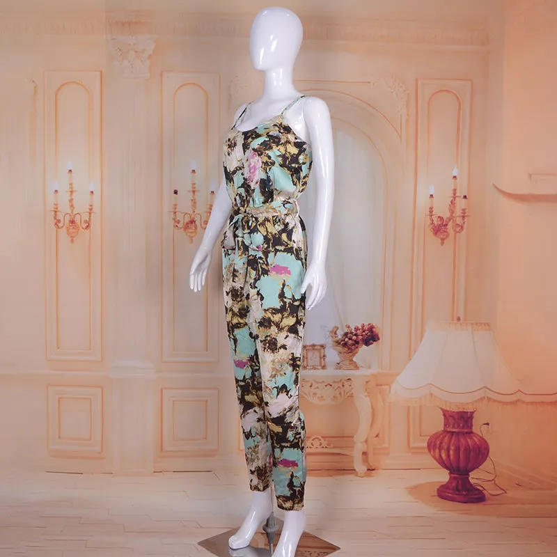 Spaghetti Strap Floral Print Jumpsuit Beachwear with Sashes