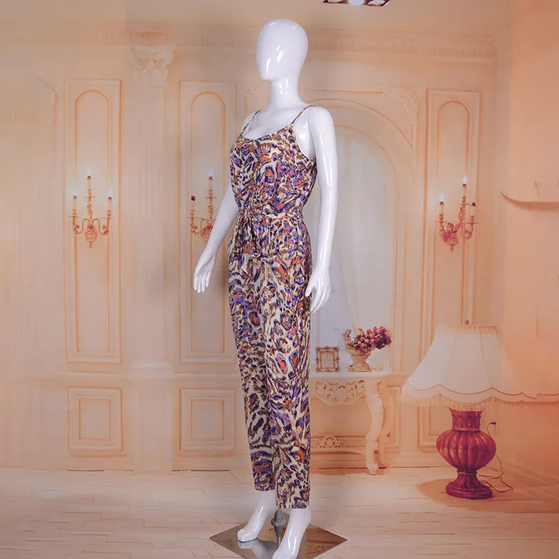 Spaghetti Strap Floral Print Jumpsuit Beachwear with Sashes