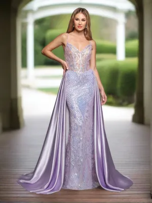 Sparkle Prom 72233 Size 4 Lilac Long Fitted Sequin Sheer Overskirt Prom Dress Pageant Gown Backless Corset