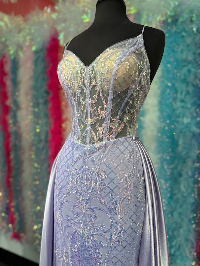 Sparkle Prom 72233 Size 4 Lilac Long Fitted Sequin Sheer Overskirt Prom Dress Pageant Gown Backless Corset