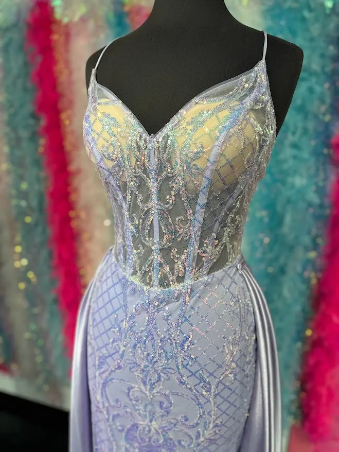 Sparkle Prom 72233 Size 4 Lilac Long Fitted Sequin Sheer Overskirt Prom Dress Pageant Gown Backless Corset