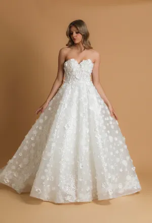 Strapless sparkling 3D flower wedding dress