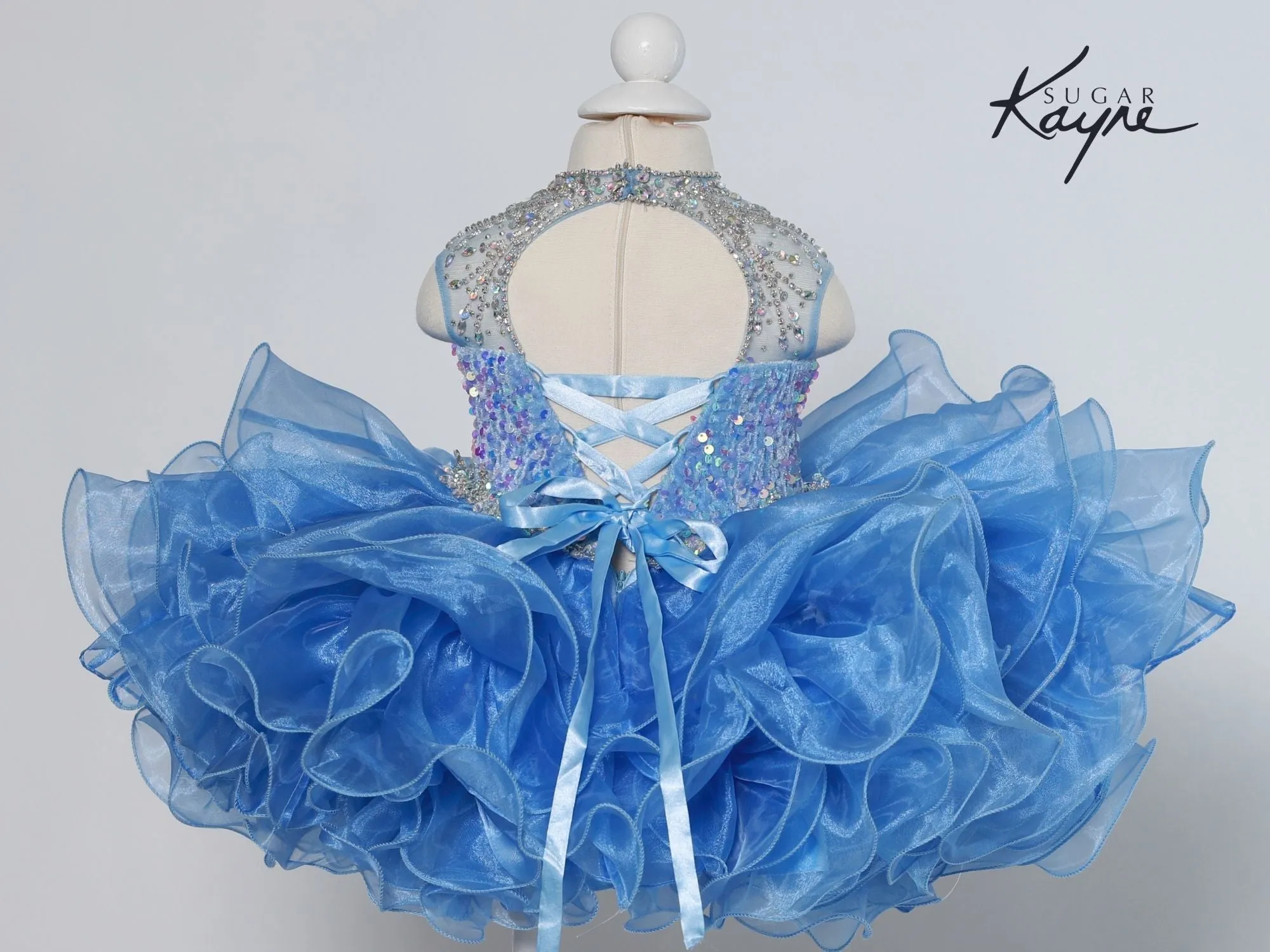 Sugar Kayne C208 Short Velvet Sequin Cupcake Pageant Dress Ruffle High Neck Formal Gown