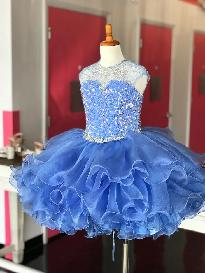 Sugar Kayne C208 Short Velvet Sequin Cupcake Pageant Dress Ruffle High Neck Formal Gown