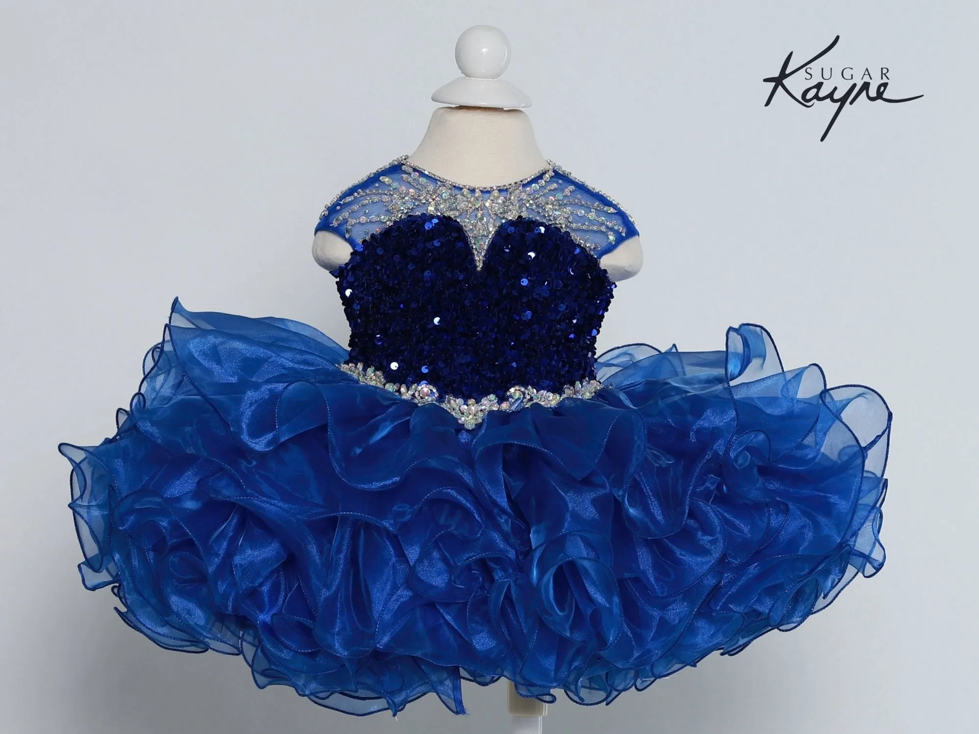 Sugar Kayne C208 Short Velvet Sequin Cupcake Pageant Dress Ruffle High Neck Formal Gown