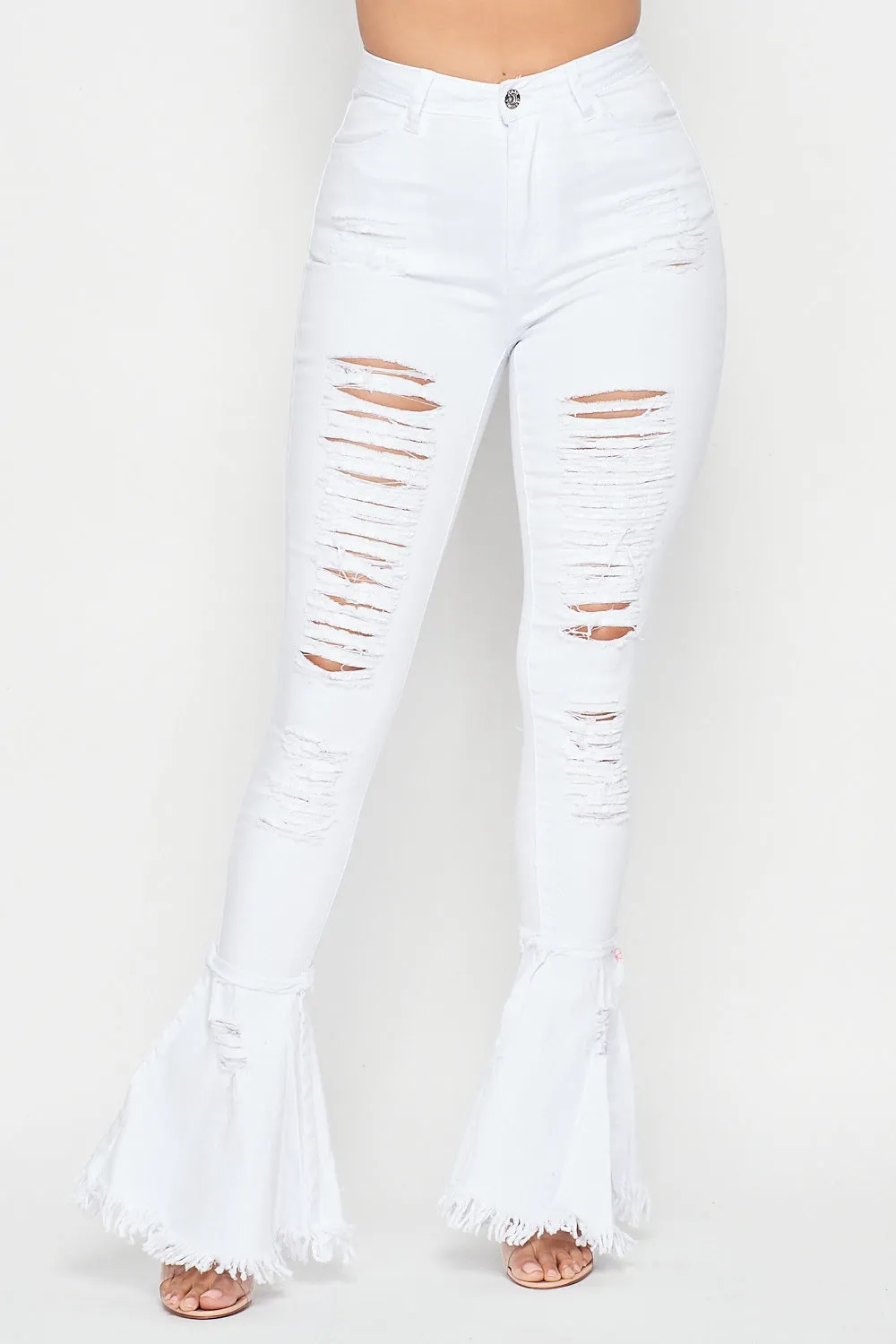 Super High Waisted Distressed Flare Jeans - White