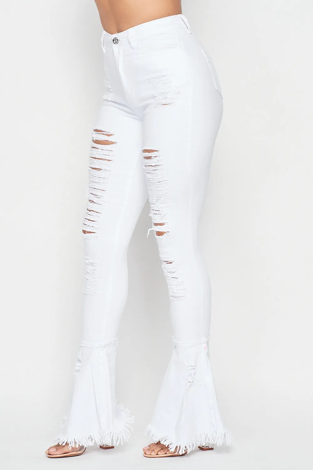 Super High Waisted Distressed Flare Jeans - White