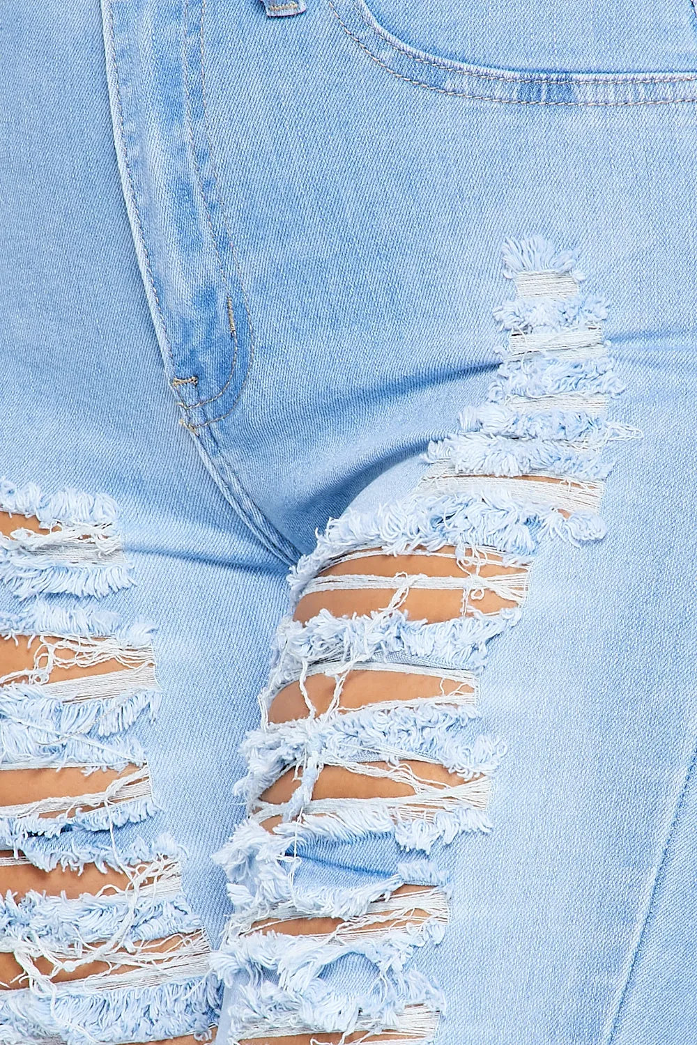 Super High Waisted Super Distressed Skinny Jeans - Light Denim