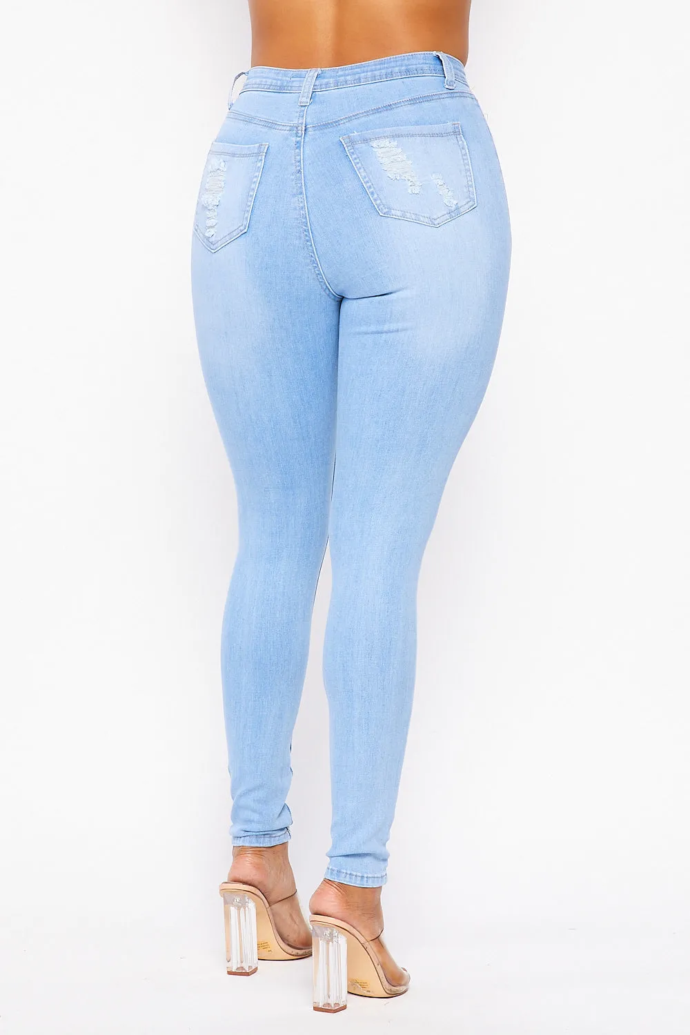 Super High Waisted Super Distressed Skinny Jeans - Light Denim