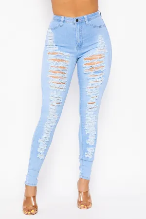 Super High Waisted Super Distressed Skinny Jeans - Light Denim