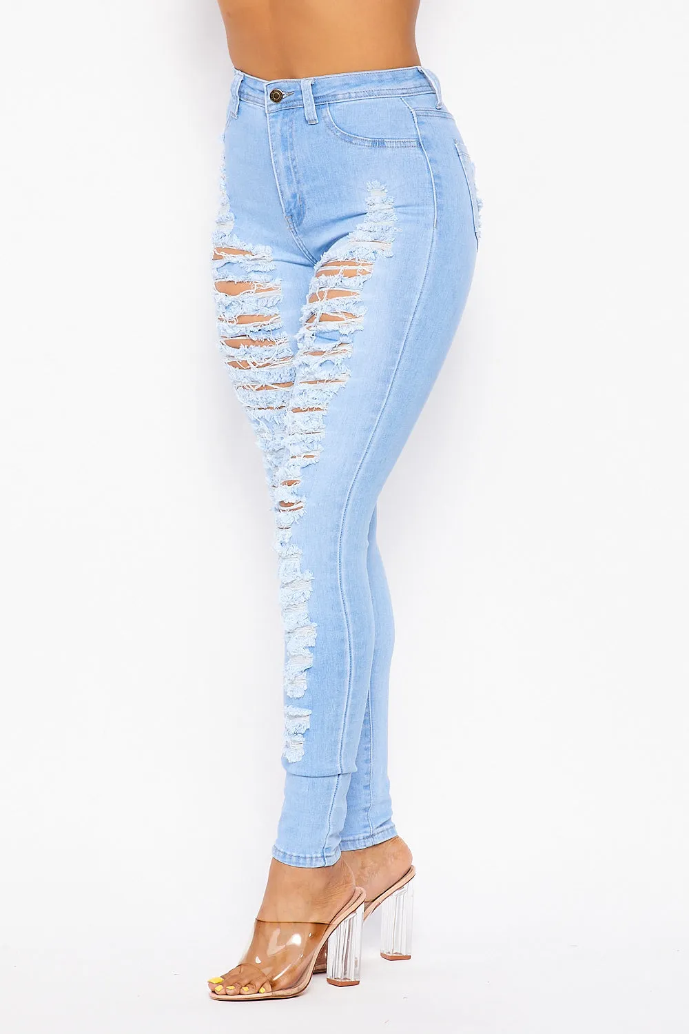 Super High Waisted Super Distressed Skinny Jeans - Light Denim