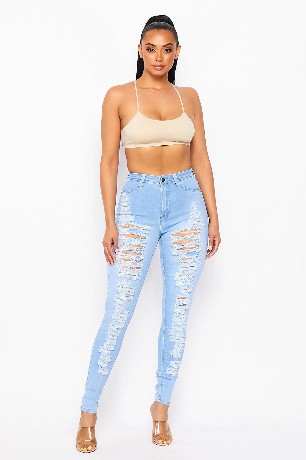 Super High Waisted Super Distressed Skinny Jeans - Light Denim