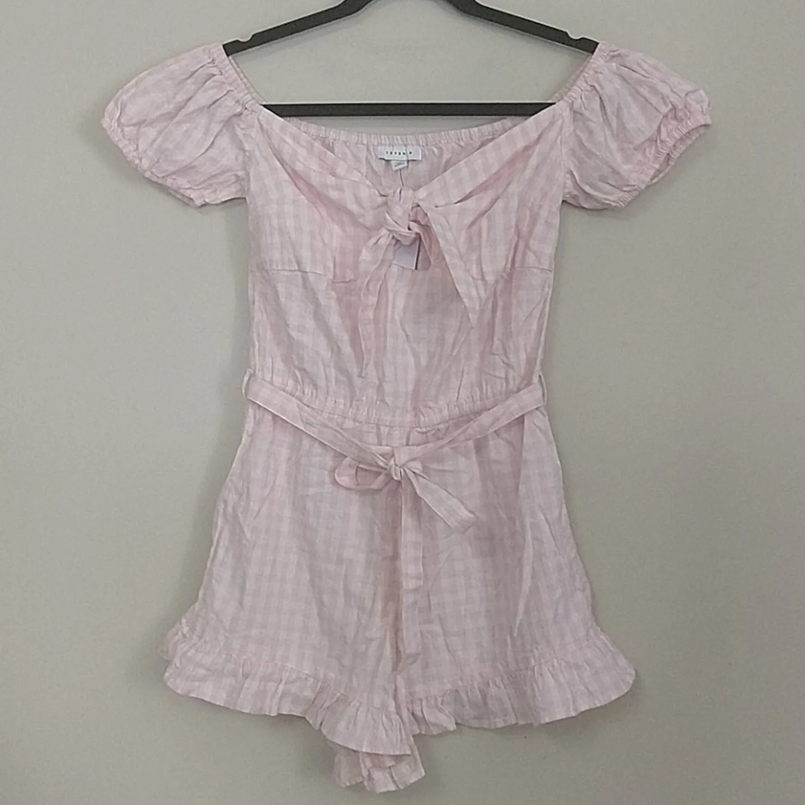 Topshop Gingham Bardot Off Shoulder Romper