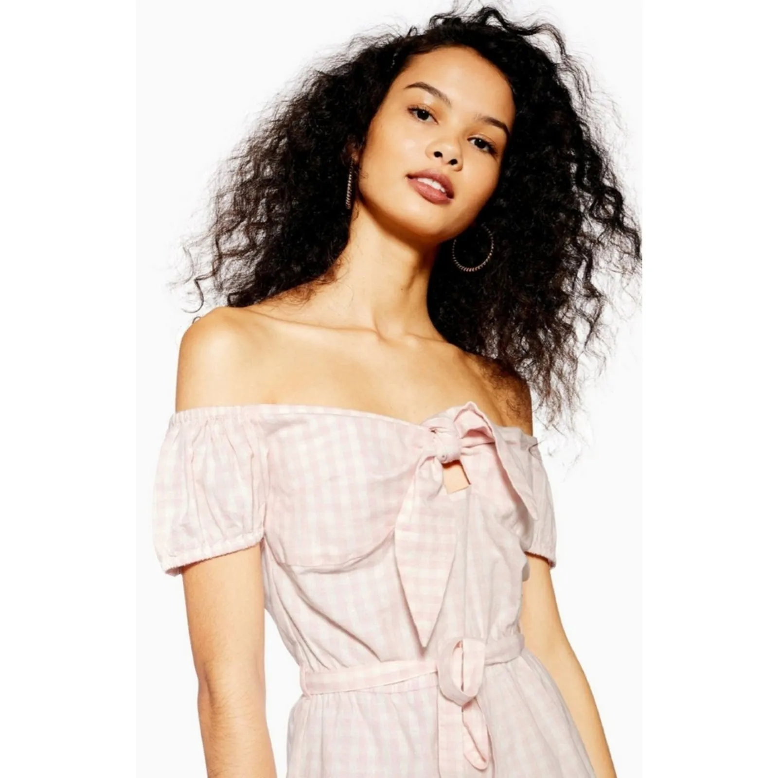 Topshop Gingham Bardot Off Shoulder Romper