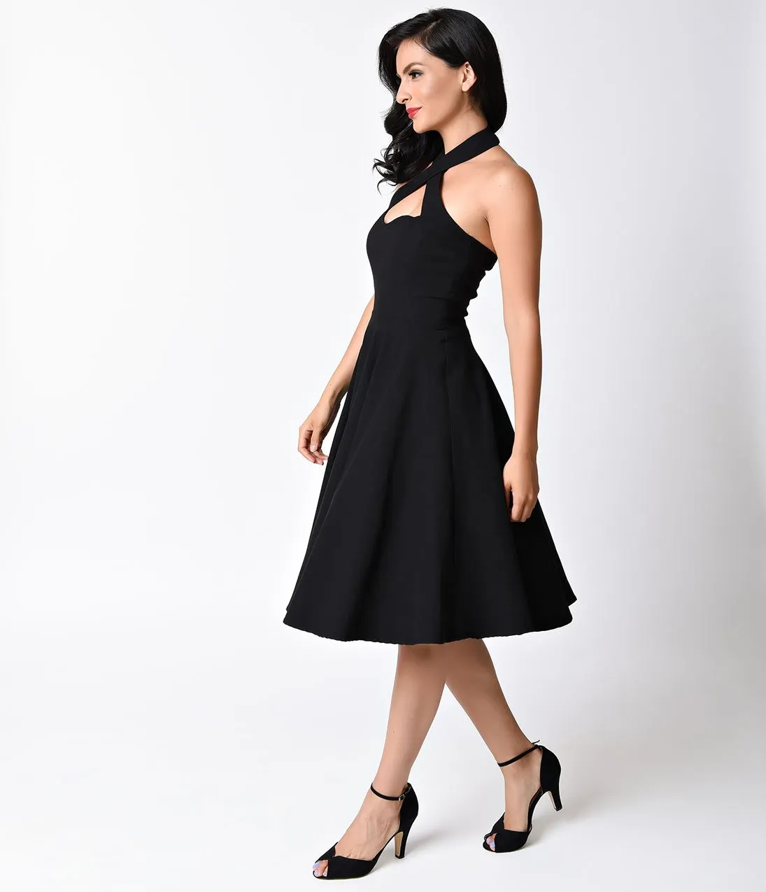 Unique Vintage 1950s Style Black Criss Cross Halter Flare Rita Dress
