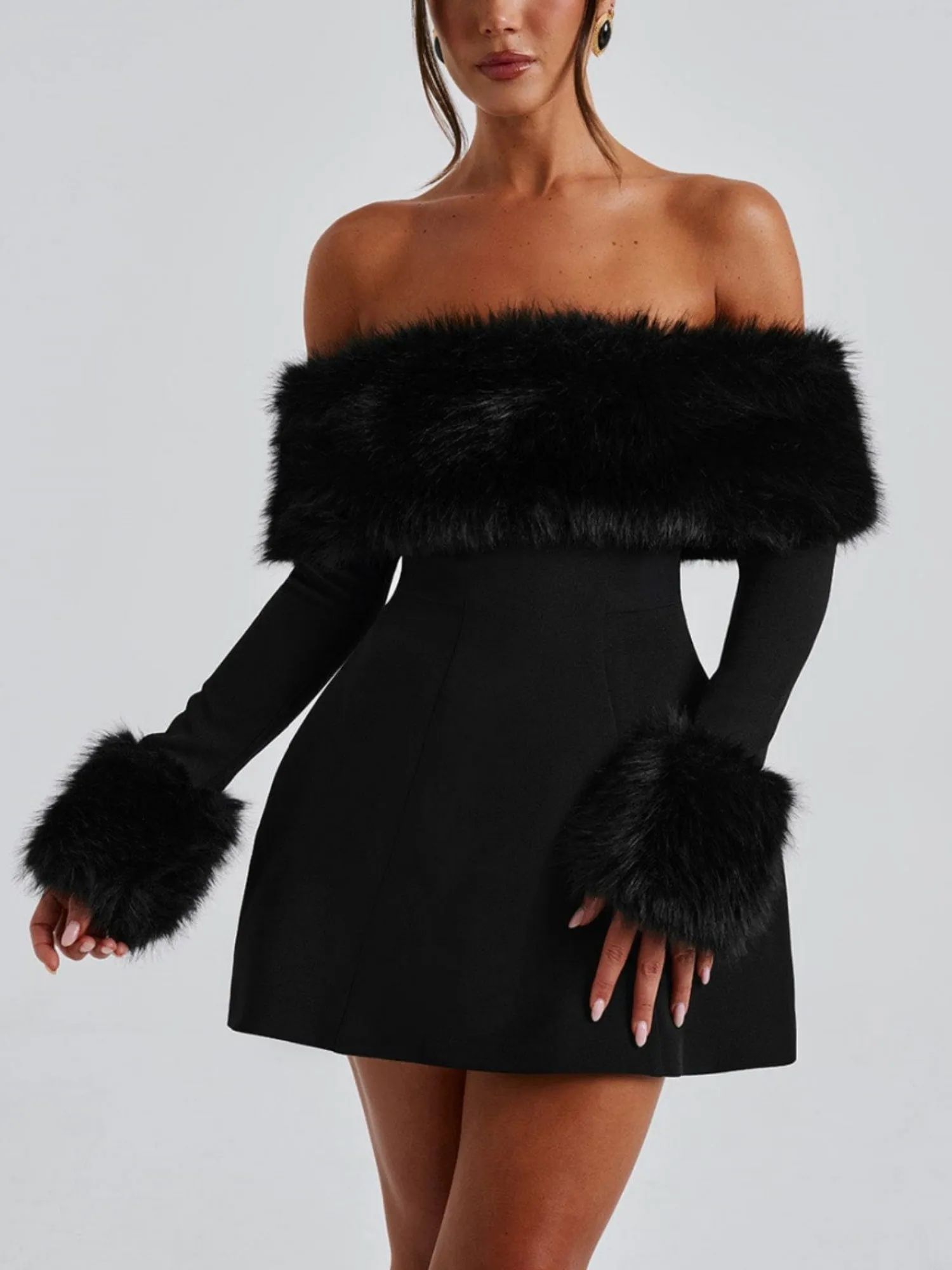 Venyra - Off-Shoulder Fur Sleeve Mini Dress