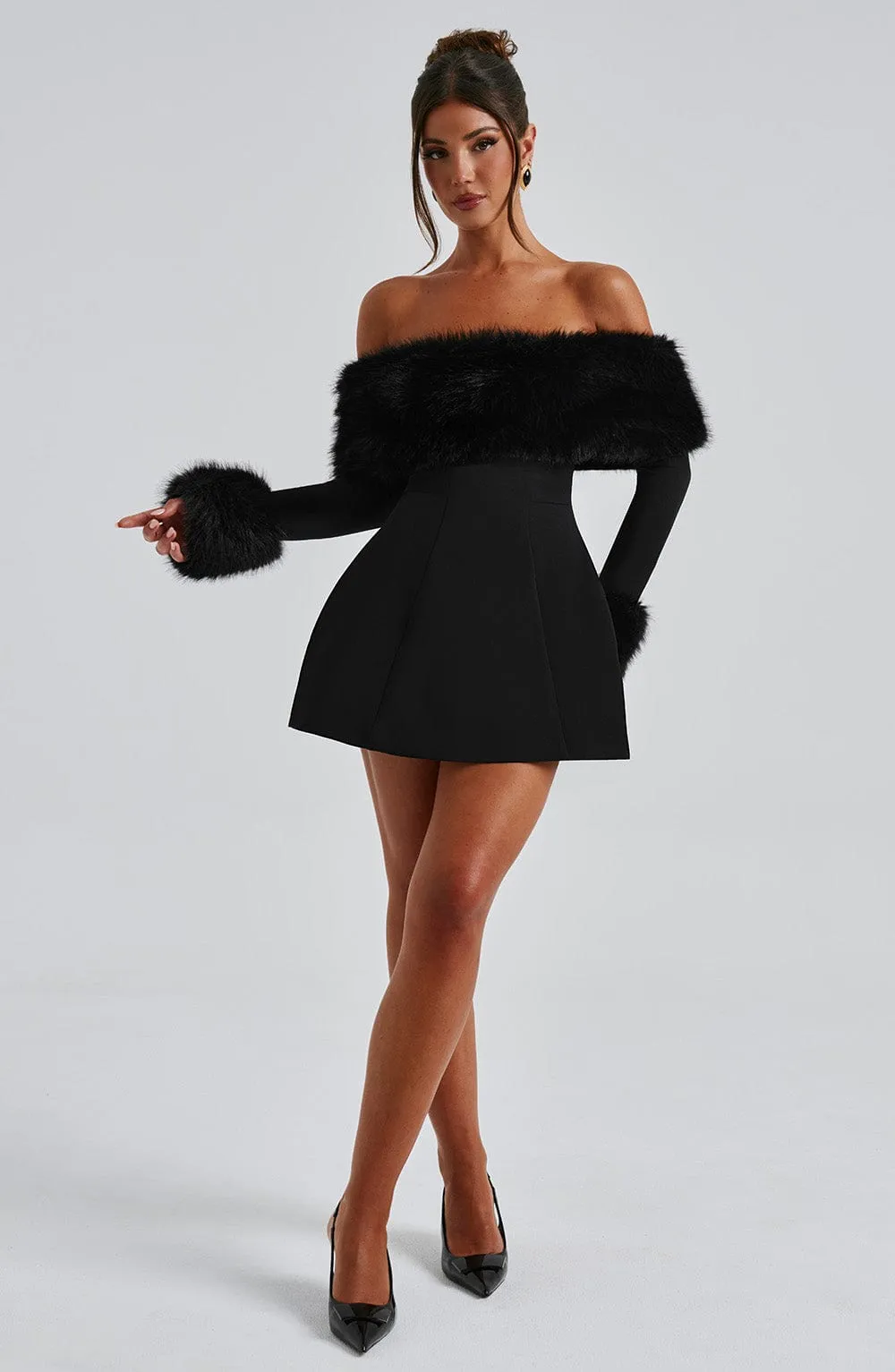 Venyra - Off-Shoulder Fur Sleeve Mini Dress