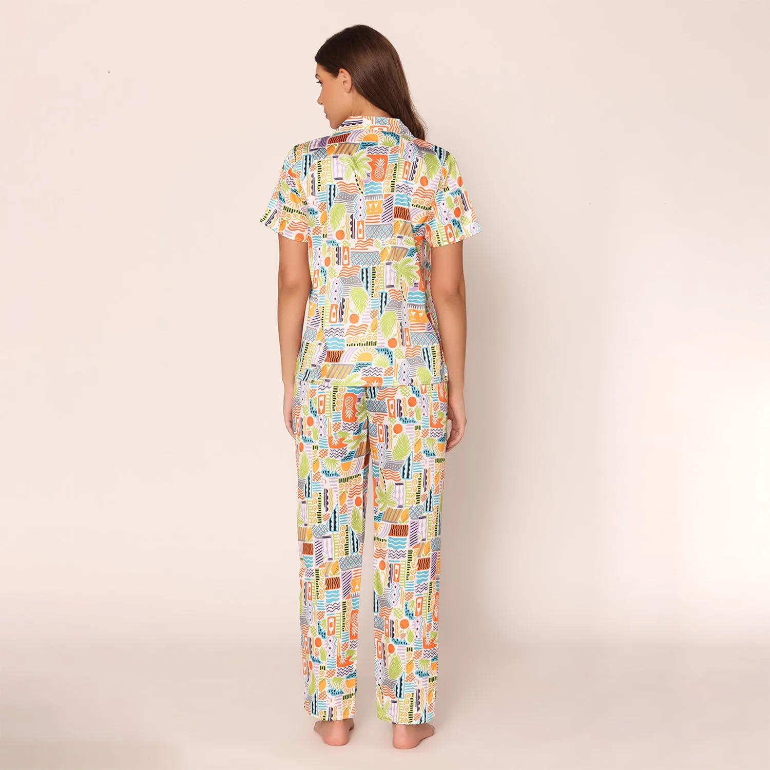 Vibrant Visions Satin Shirt & Pajama Night Suit Set for Women