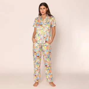 Vibrant Visions Satin Shirt & Pajama Night Suit Set for Women