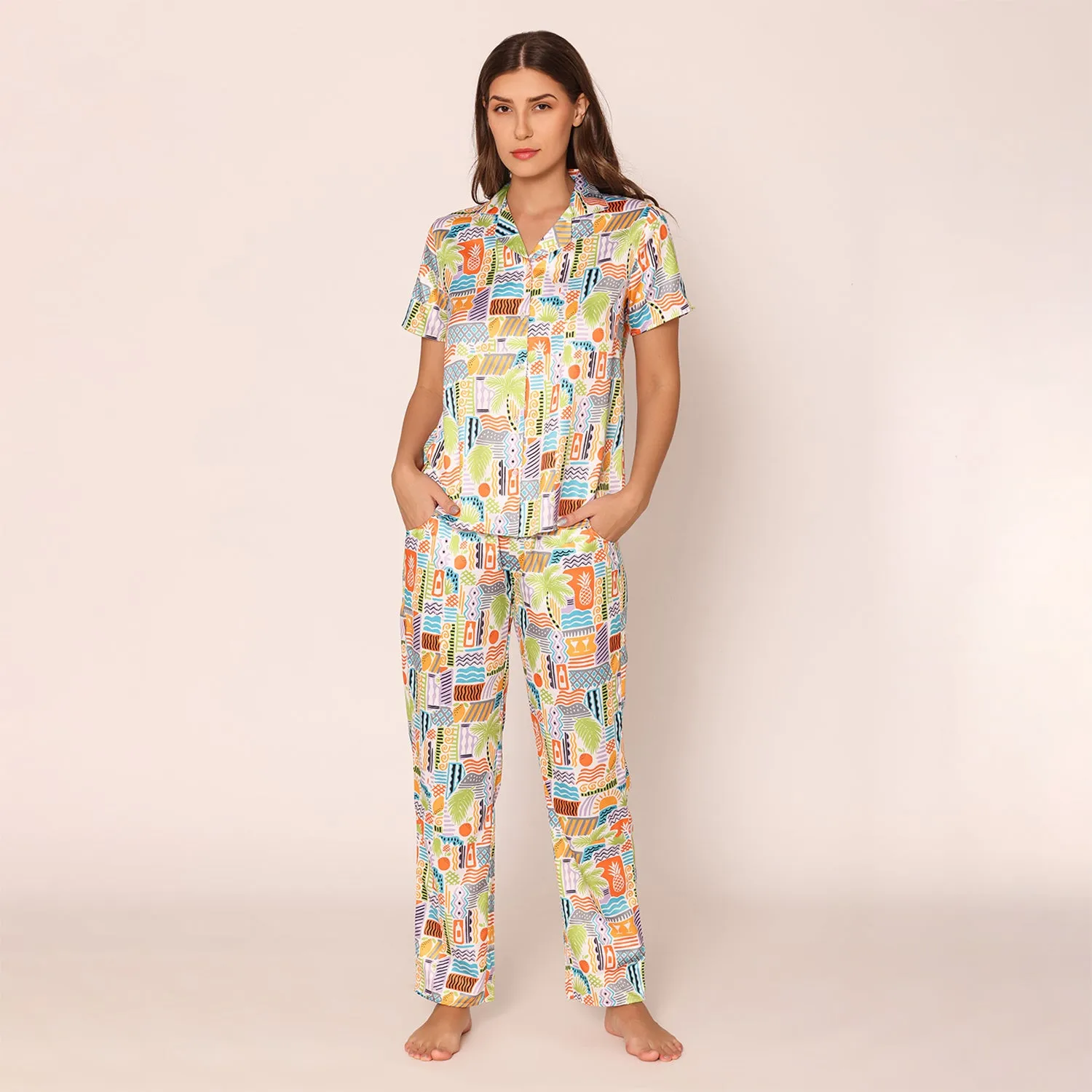 Vibrant Visions Satin Shirt & Pajama Night Suit Set for Women