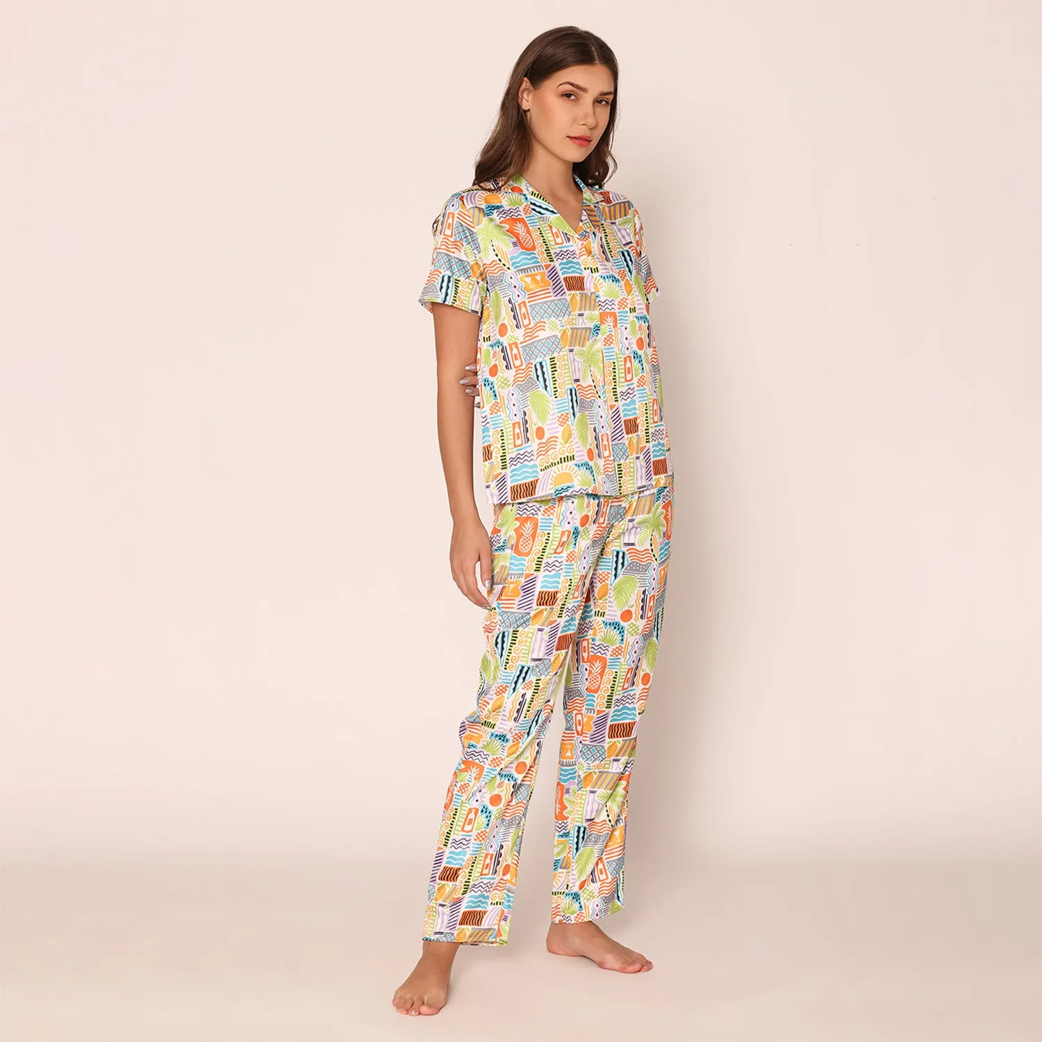 Vibrant Visions Satin Shirt & Pajama Night Suit Set for Women