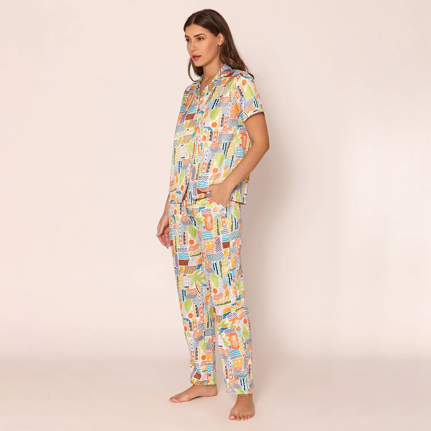 Vibrant Visions Satin Shirt & Pajama Night Suit Set for Women