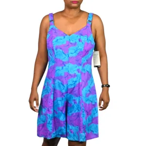 Vintage Basic Editions Romper Blue Purple Tropical Print Playsuit Shorts Rayon 90s Y2K Size Large