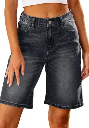 Washed Black Relaxed Fit High Waisted Denim Bermuda Shorts Straight Leg Jeans