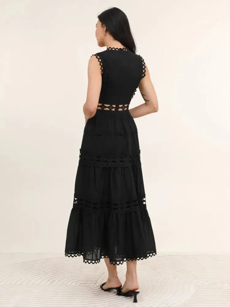 Women's V-Neck Summer Hollow Sleeveless Maxi Dress