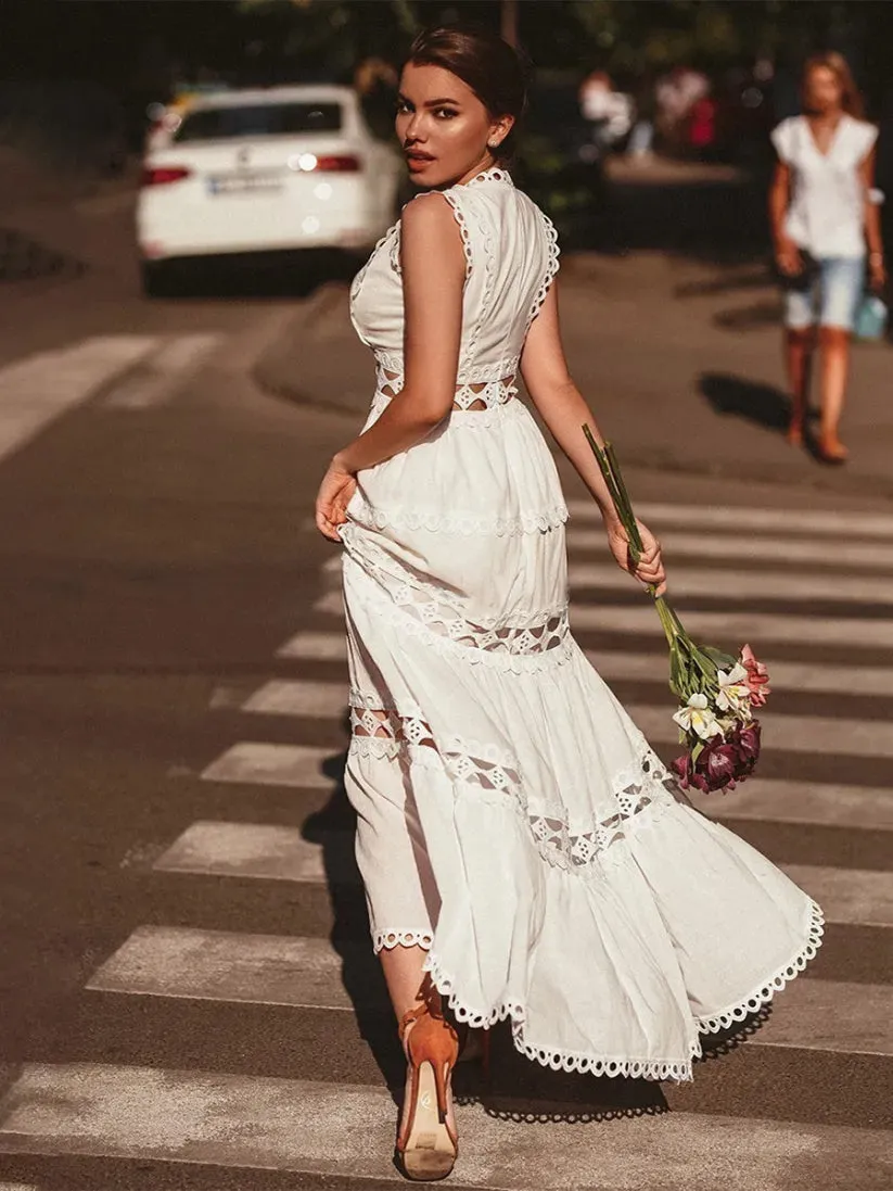 Women's V-Neck Summer Hollow Sleeveless Maxi Dress